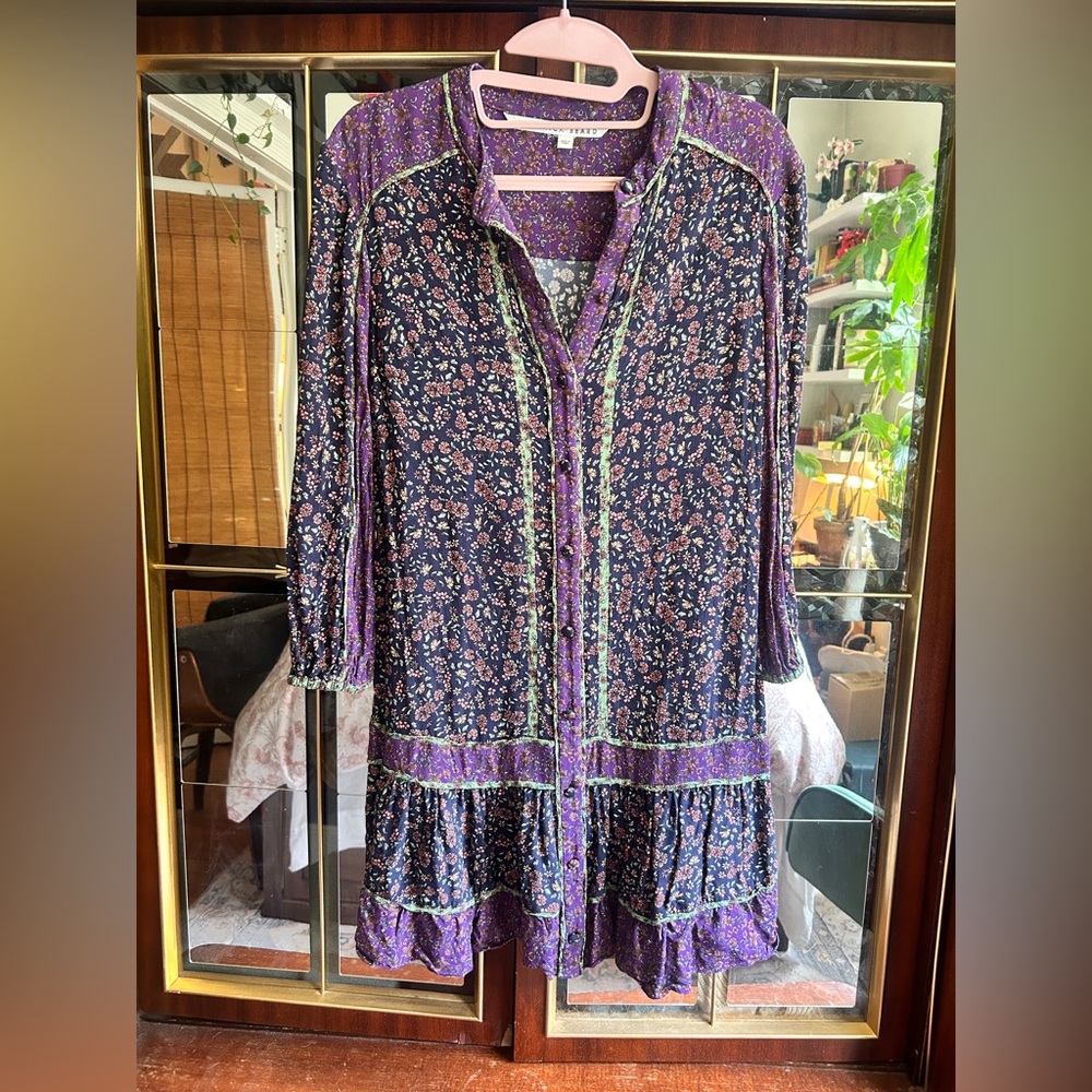 Veronica Beard Purple Floral Button-Front Boho Dress